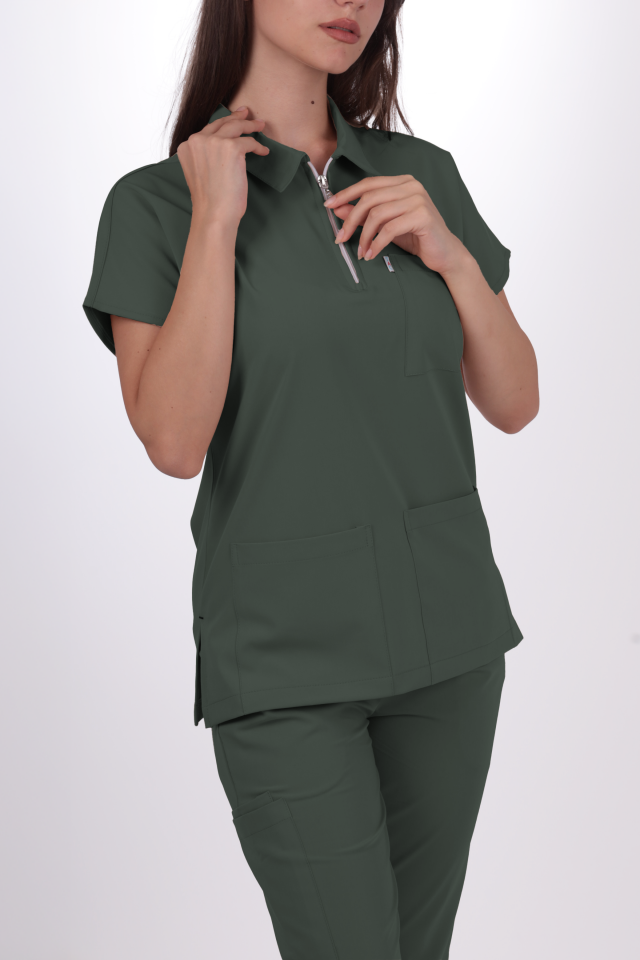Premium Likralı Zipper Seri Kadın Avcı Yeşili Scrubs