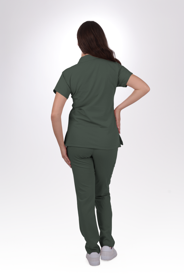 Premium Likralı Zipper Seri Kadın Avcı Yeşili Scrubs