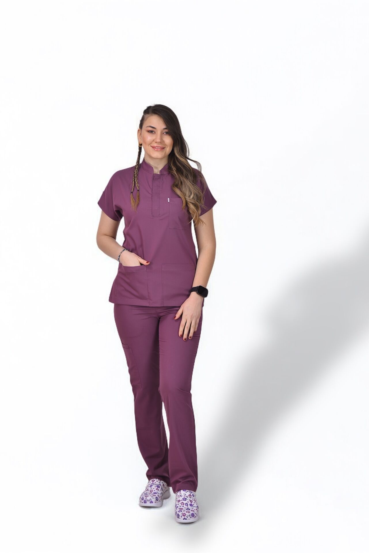 Premium Likralı Snap Seri Kadın Platin Mor Scrubs