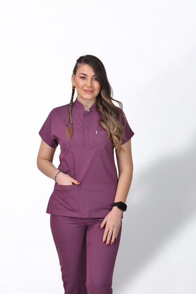Premium Likralı Snap Seri Kadın Platin Mor Scrubs