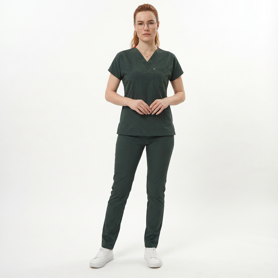 Likralı Klasik Seri Kadın Avcı Yeşili Scrubs