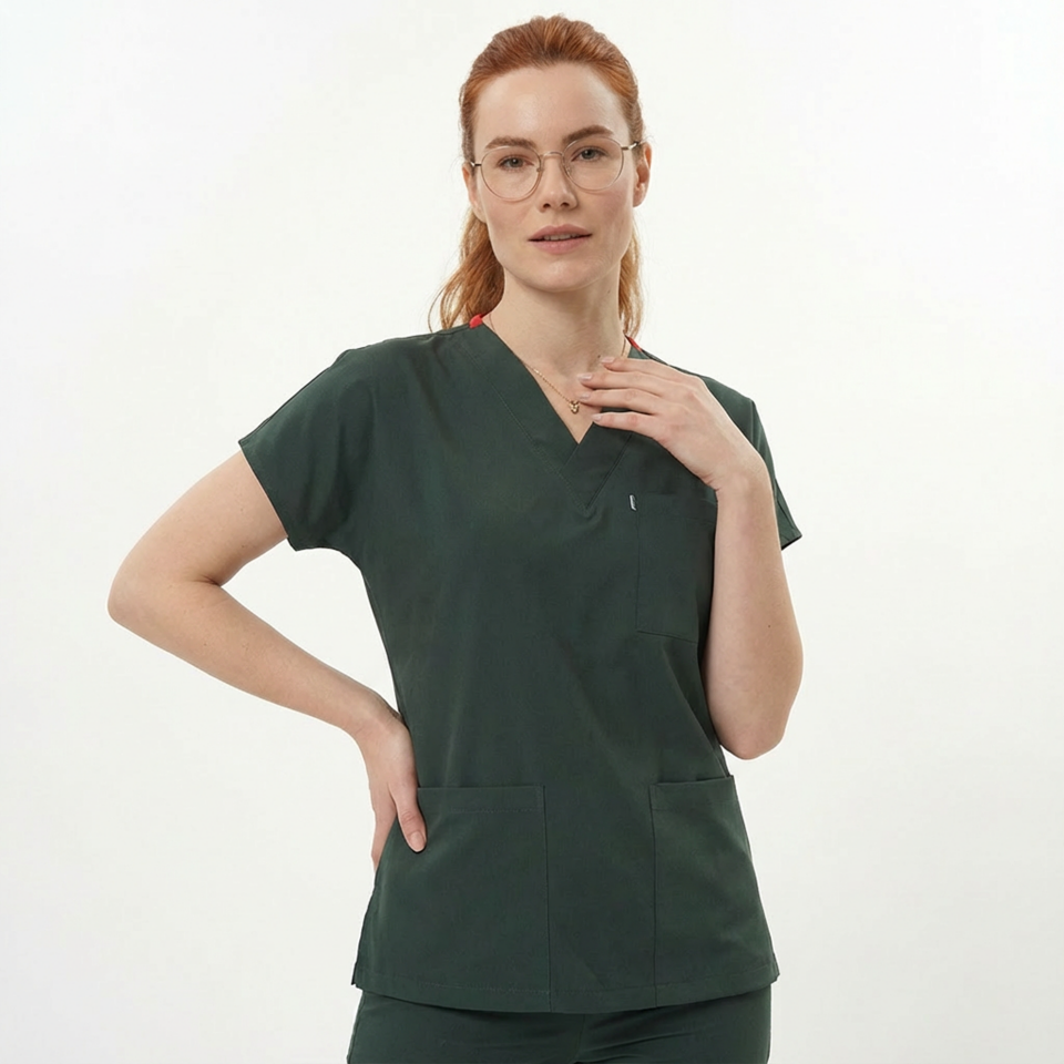 Likralı Klasik Seri Kadın Avcı Yeşili Scrubs