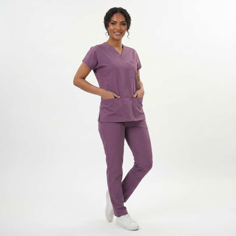 Likralı Klasik Seri Kadın Açık Mürdüm Scrubs