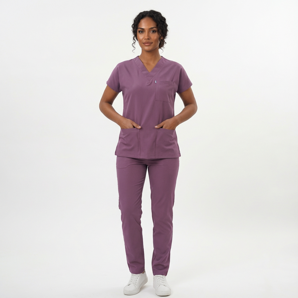 Likralı Klasik Seri Kadın Açık Mürdüm Scrubs