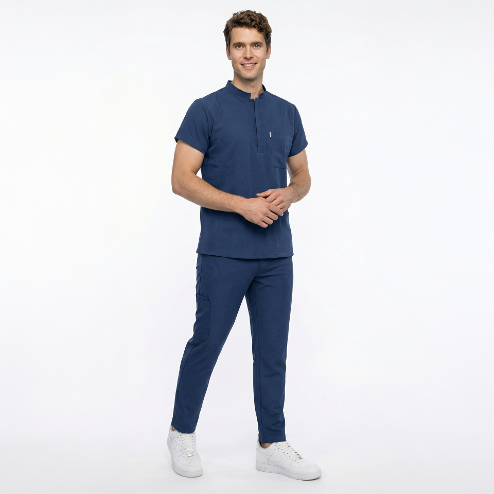 Likralı Snap Seri Erkek Havacı Mavi Scrubs