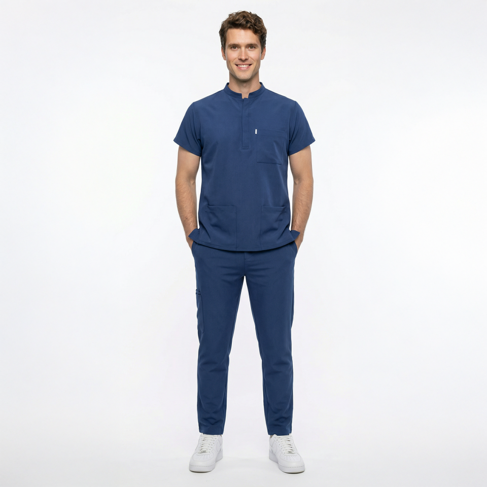 Likralı Snap Seri Erkek Havacı Mavi Scrubs