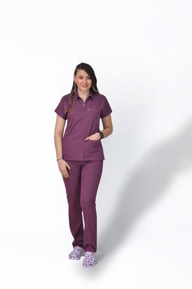 Premium Likralı Zipper Seri Kadın Platin Mor Scrubs
