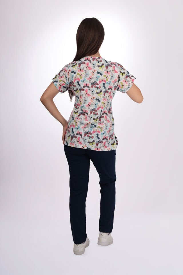 Desenli Seri Beyaz Kelebek Desen Kadın Tek Üst