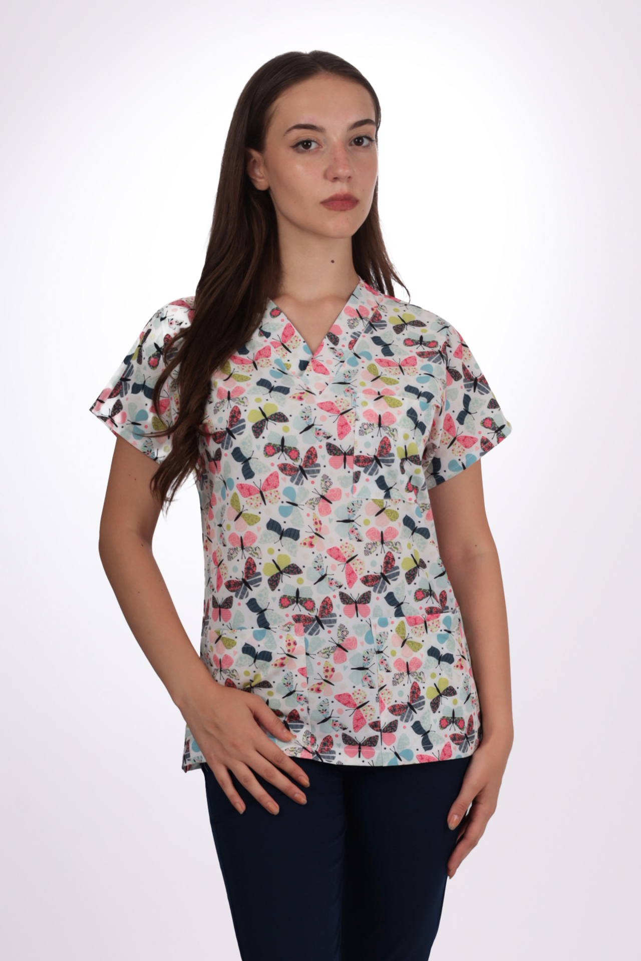 Desenli Seri Beyaz Kelebek Desen Kadın Tek Üst