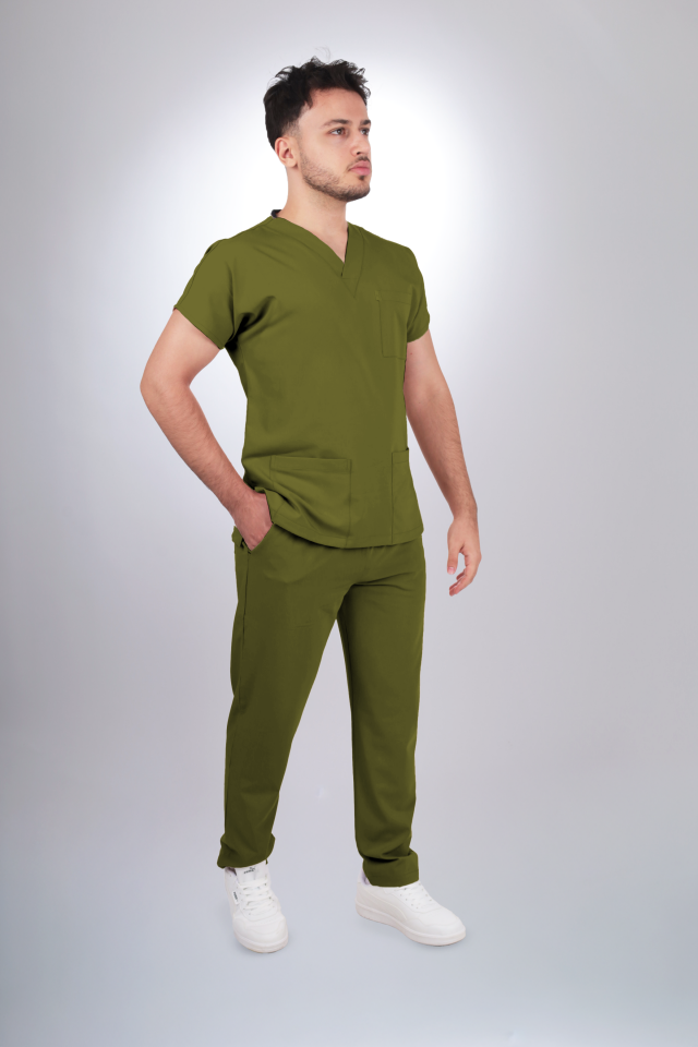 Premium Likralı Klasik Seri Erkek Yağ Yeşili Scrubs