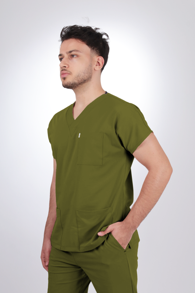 Premium Likralı Klasik Seri Erkek Yağ Yeşili Scrubs