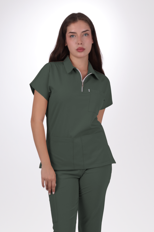 Likralı Zipper Seri Kadın Avcı Yeşili Scrubs