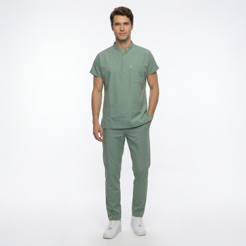 Likralı Snap Seri Erkek Küf Yeşili Scrubs