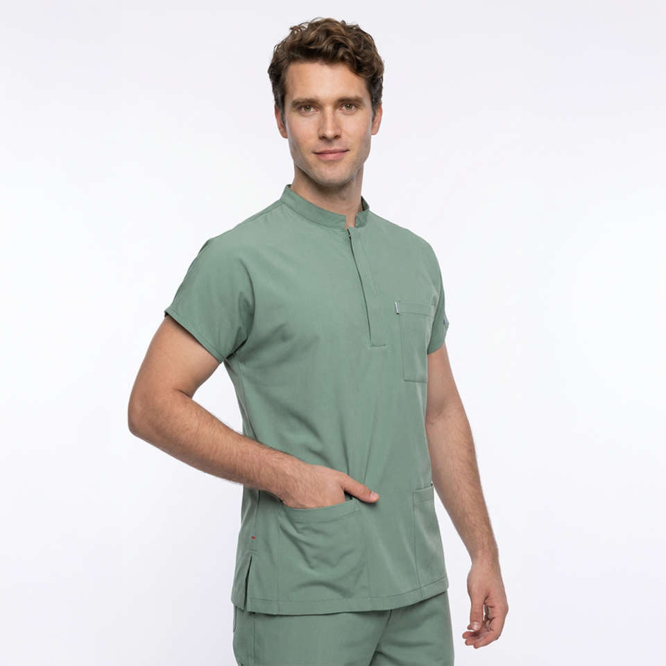 Likralı Snap Seri Erkek Küf Yeşili Scrubs