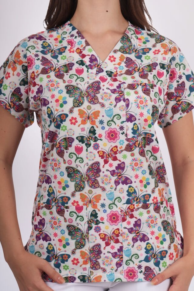 Desenli Seri Mor Kelebek Desen Kadın Tek Üst