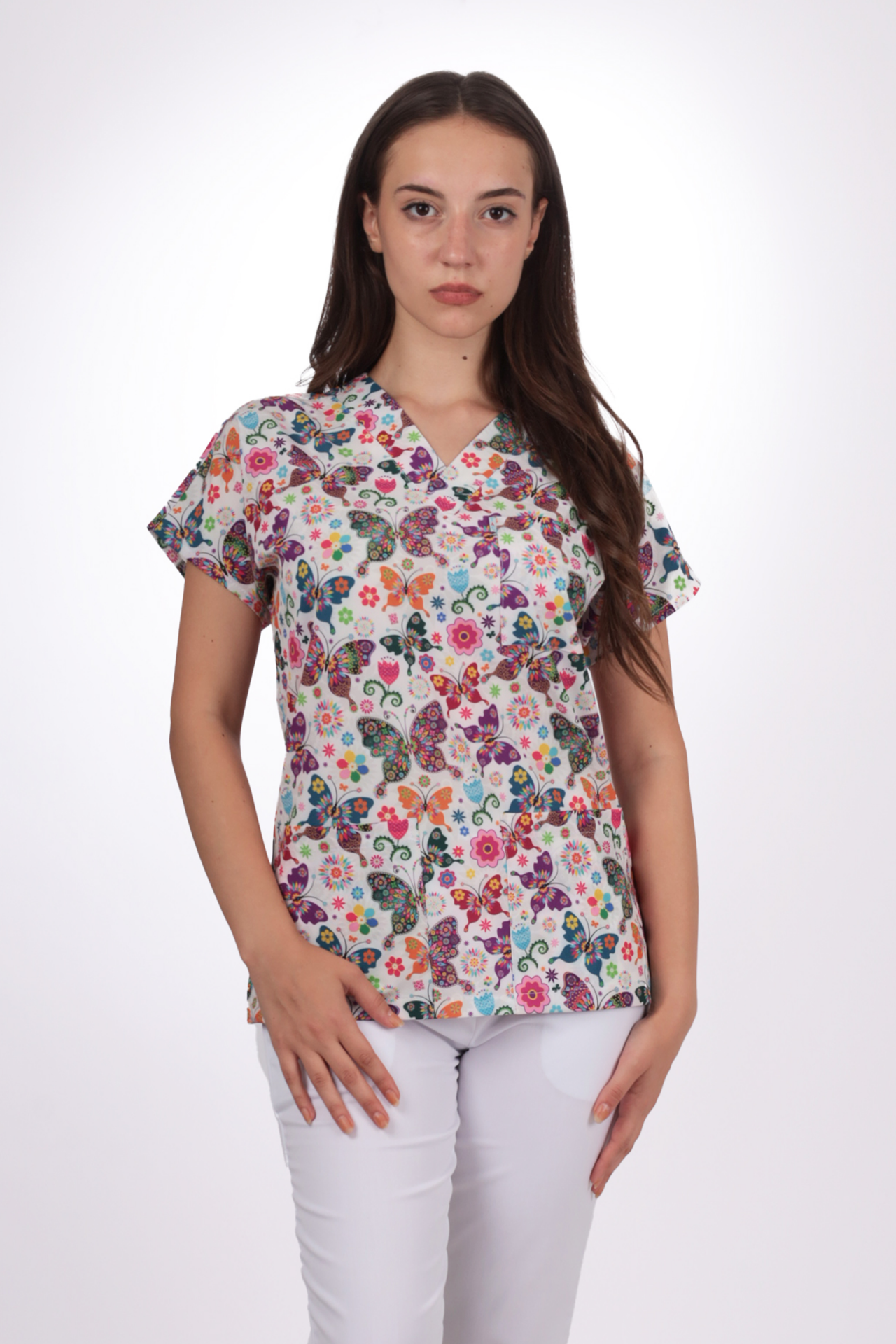 Desenli Seri Mor Kelebek Desen Kadın Tek Üst