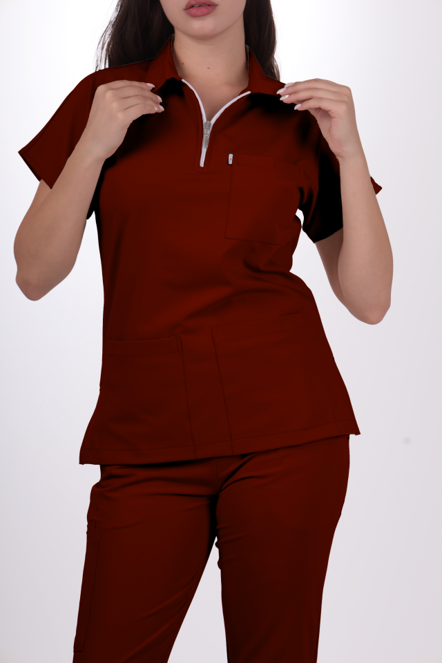 Premium Likralı Zipper Seri Kadın Bordo Üniforma Takım