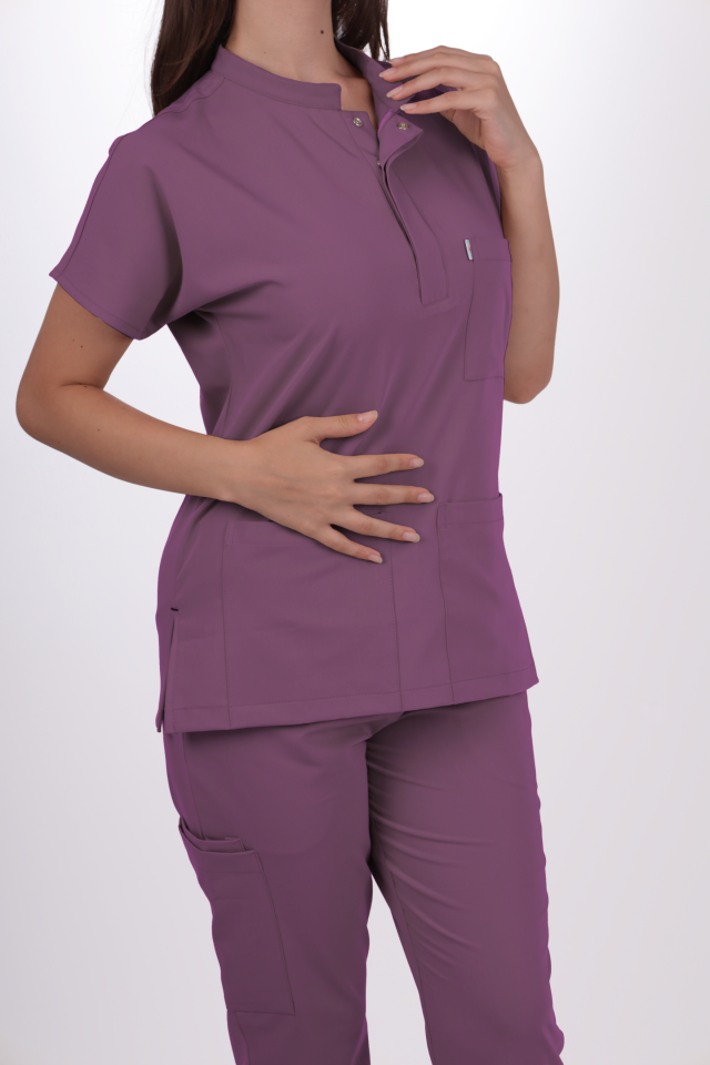 Premium Likralı Snap Seri Kadın Platin Mor Scrubs