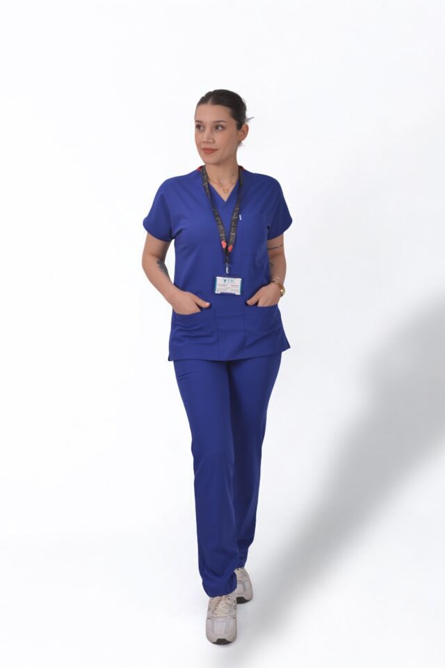 Premium Likralı Klasik Seri Kadın Saks Mavisi Scrubs