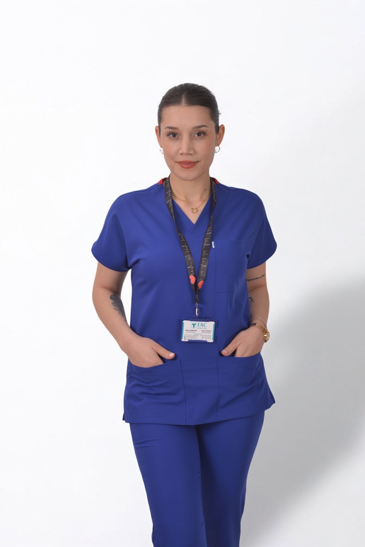 Premium Likralı Klasik Seri Kadın Saks Mavisi Scrubs