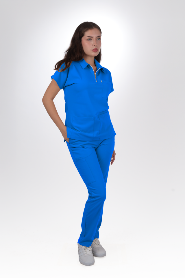 Likralı Zipper Seri Kadın Gök Mavisi Scrubs