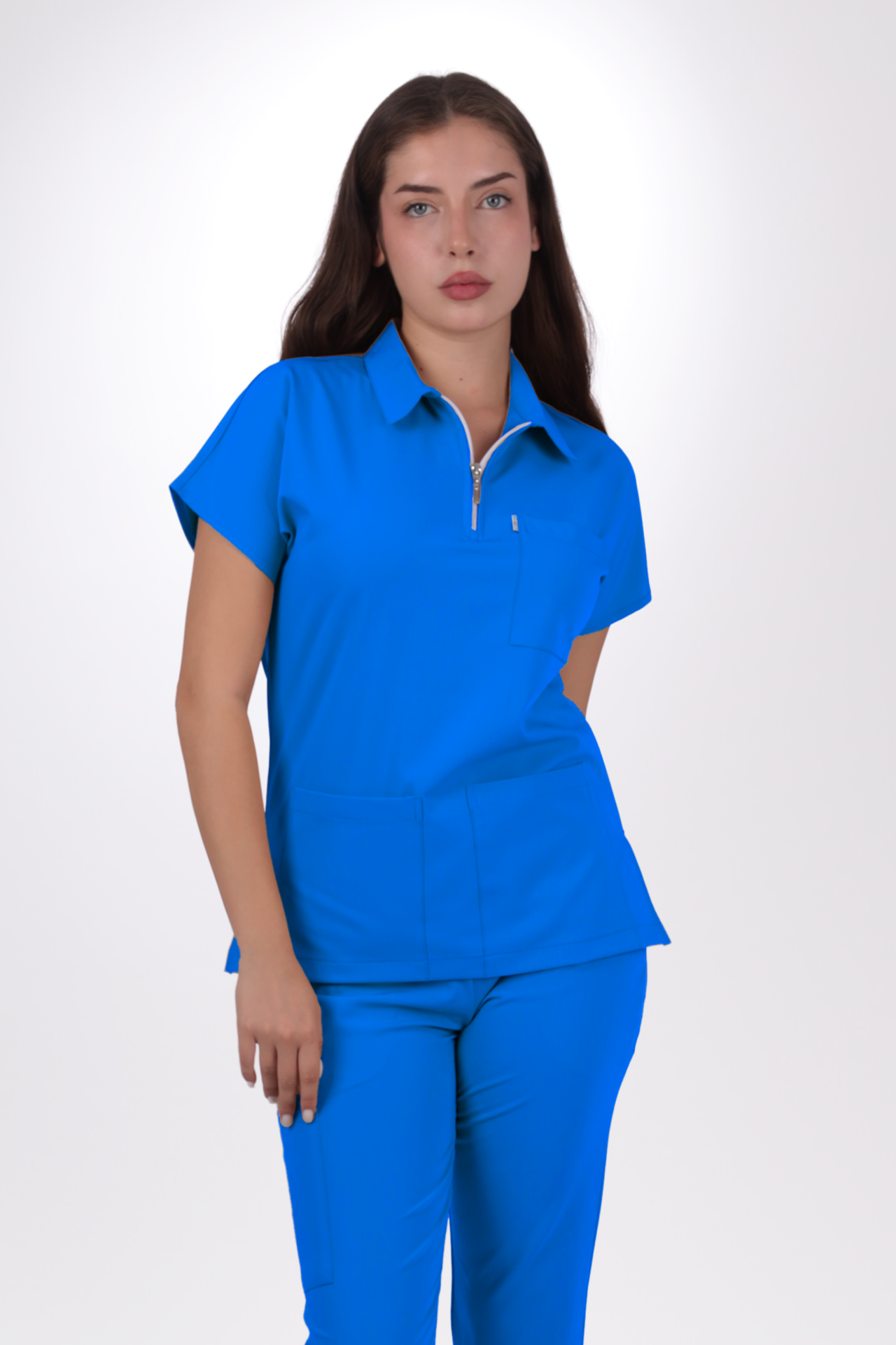 Likralı Zipper Seri Kadın Gök Mavisi Scrubs