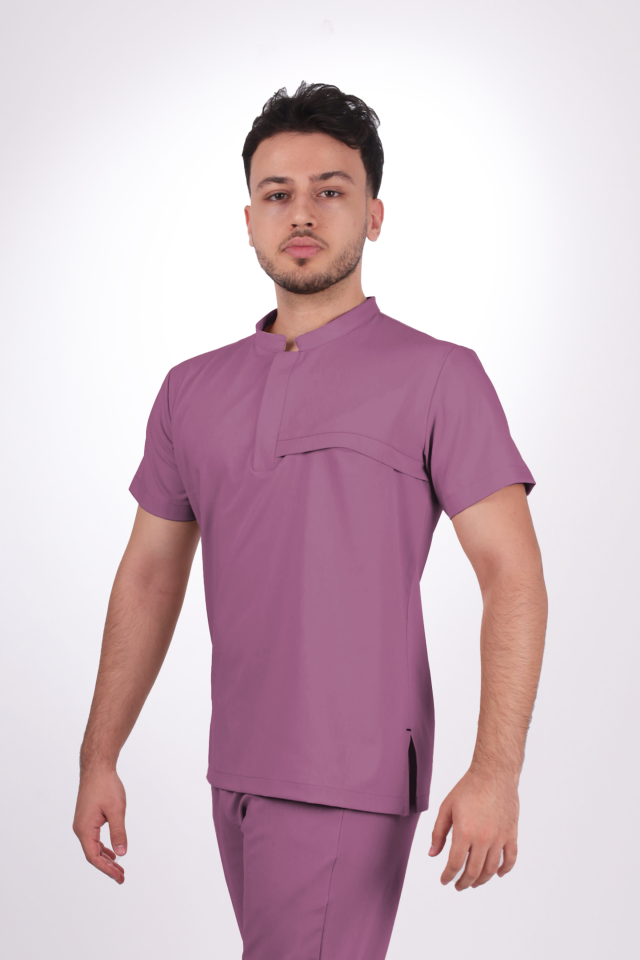 Premium Likralı Tek Cepli Çıtçıt Erkek Açık Mürdüm Scrubs