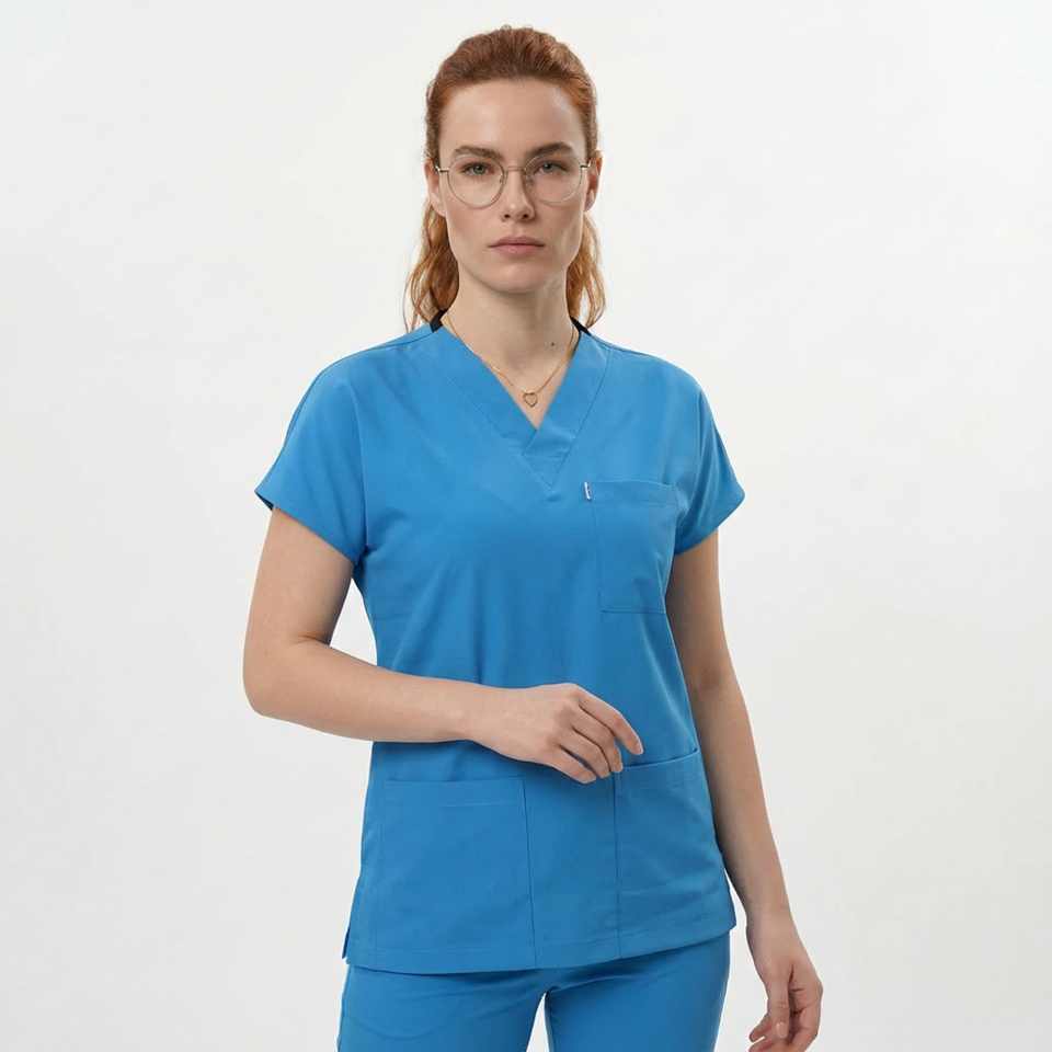 Likralı Klasik Seri Kadın Petrol Mavisi Scrubs