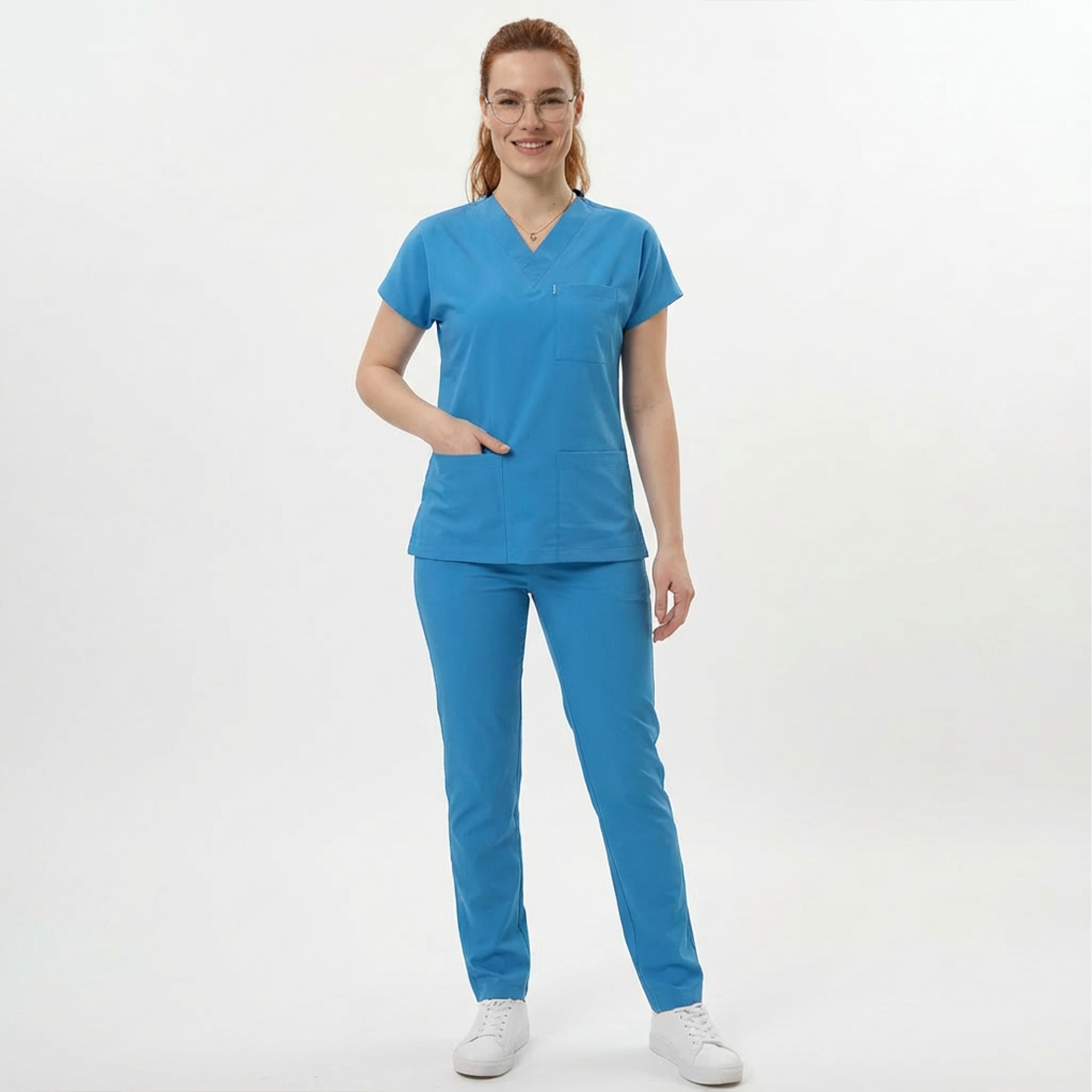 Likralı Klasik Seri Kadın Petrol Mavisi Scrubs