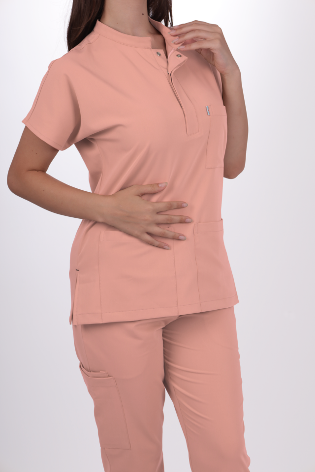 Premium Likralı Snap Seri Kadın Pudra Scrubs