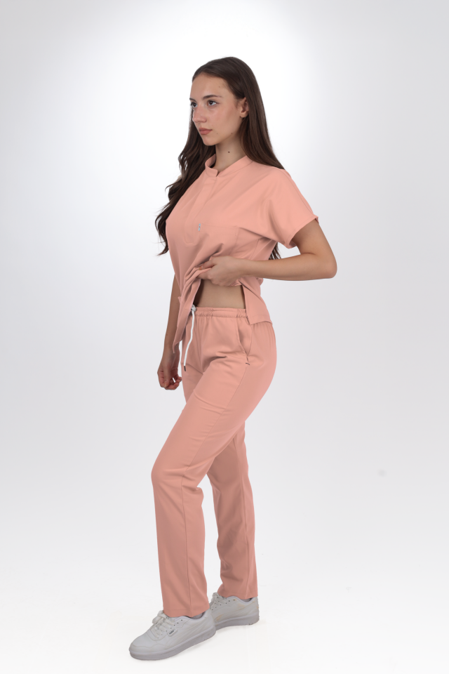 Premium Likralı Snap Seri Kadın Pudra Scrubs