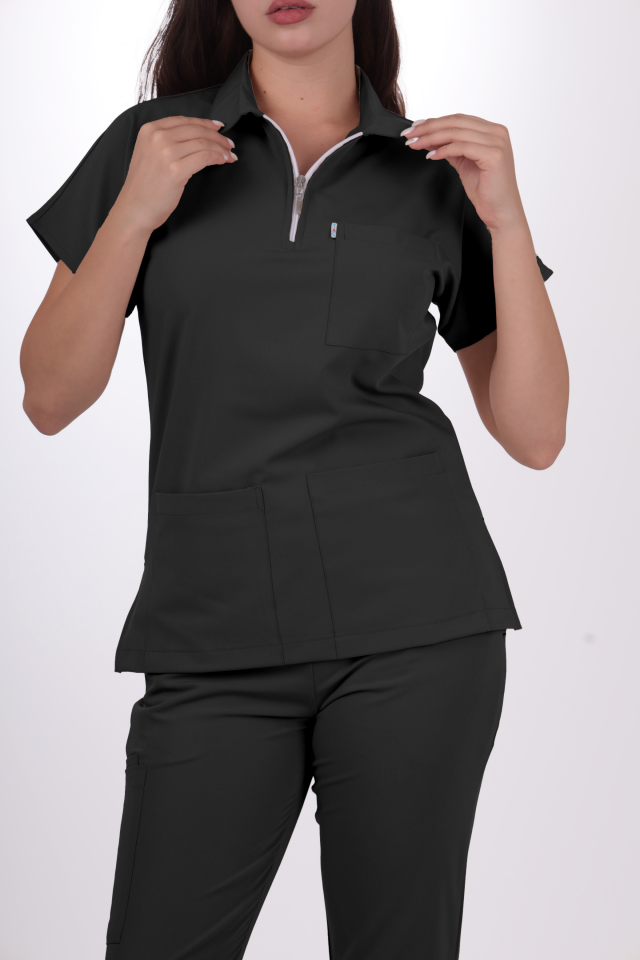 Likralı Zipper Seri Kadın Antrasit Gri Scrubs