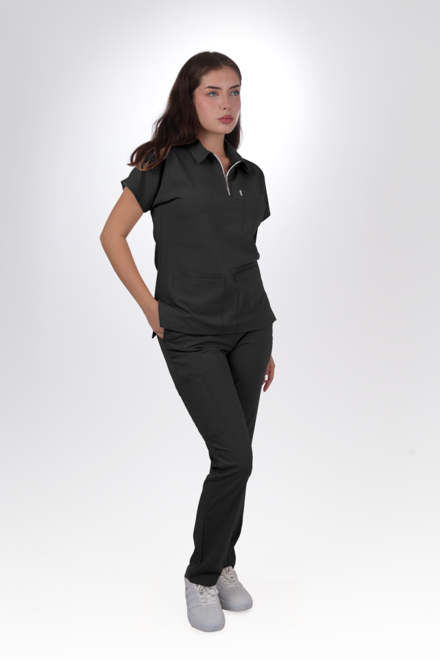 Likralı Zipper Seri Kadın Antrasit Gri Scrubs