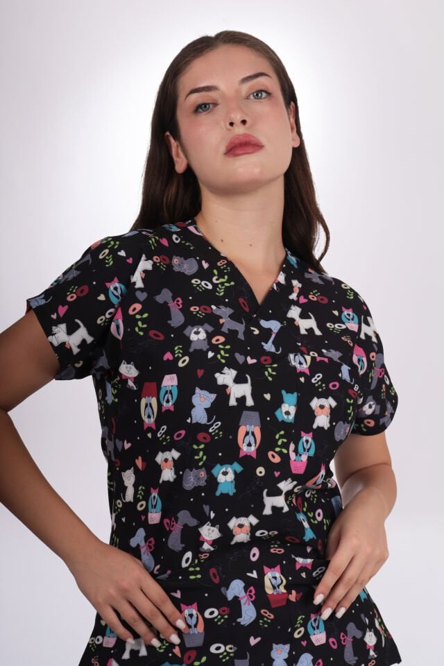 Desenli Seri Sevimli Hayvan Desen Kadın Tek Üst