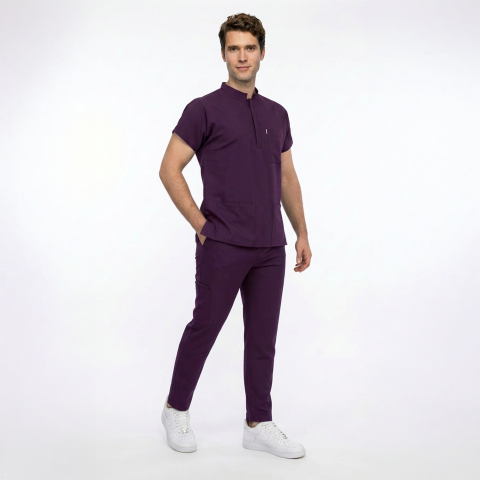 Likralı Snap Seri Erkek Mürdüm Scrubs