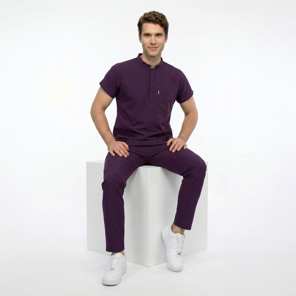 Likralı Snap Seri Erkek Mürdüm Scrubs