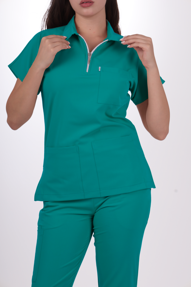 Premium Likralı Zipper Seri Kadın Cerrahi Yeşili Scrubs