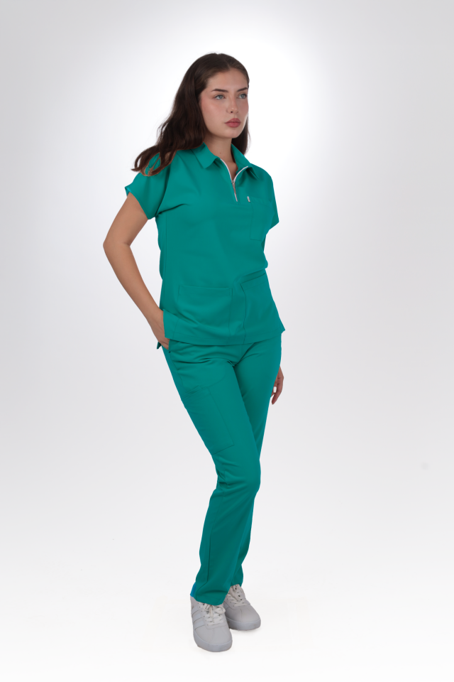 Premium Likralı Zipper Seri Kadın Cerrahi Yeşili Scrubs