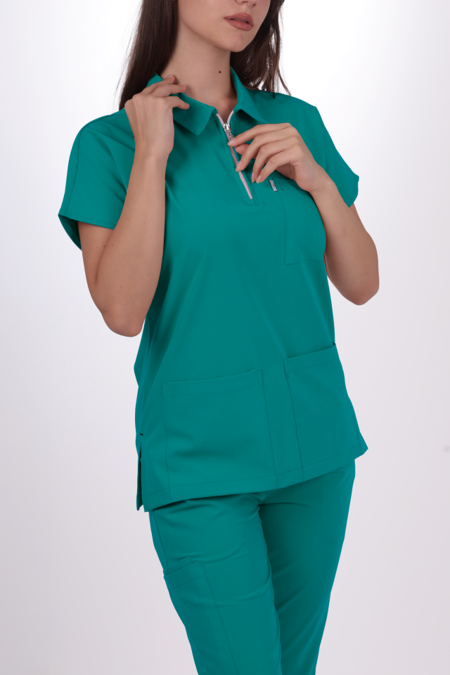Premium Likralı Zipper Seri Kadın Cerrahi Yeşili Scrubs
