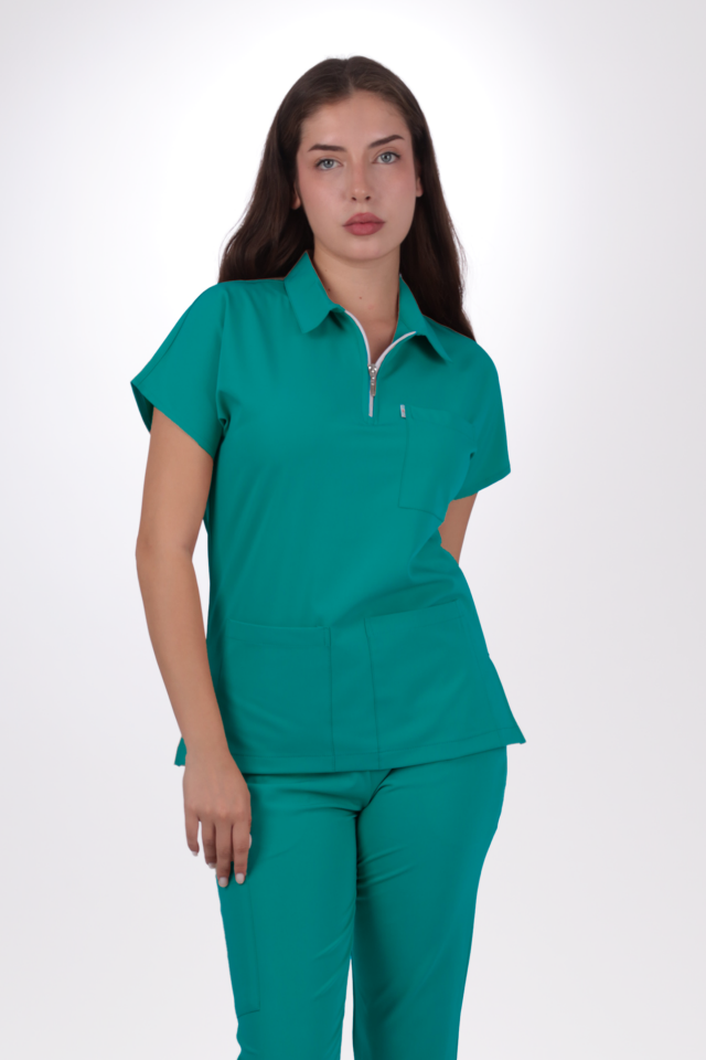 Premium Likralı Zipper Seri Kadın Cerrahi Yeşili Scrubs