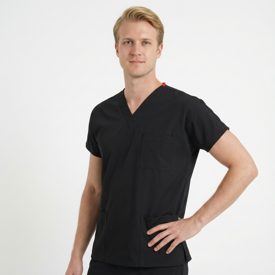 Likralı Klasik Seri Erkek Siyah Scrubs