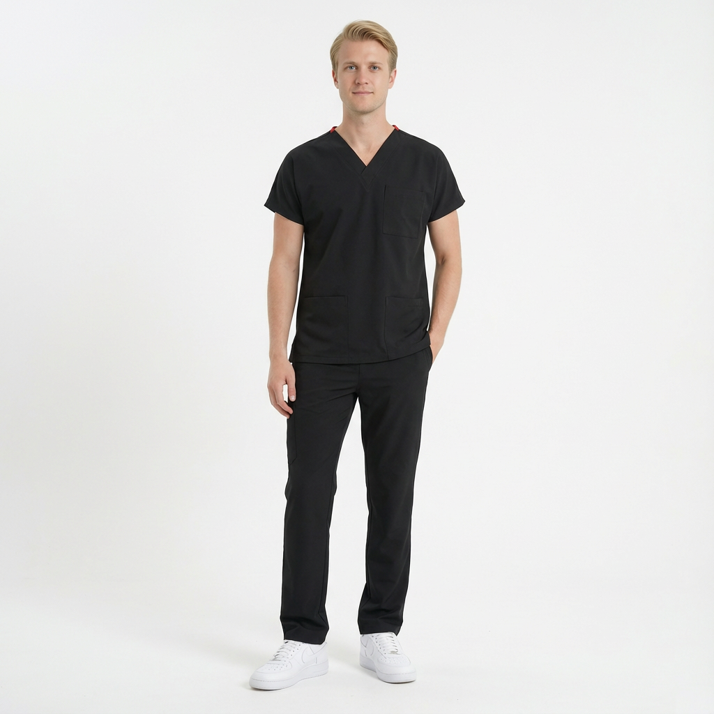 Likralı Klasik Seri Erkek Siyah Scrubs