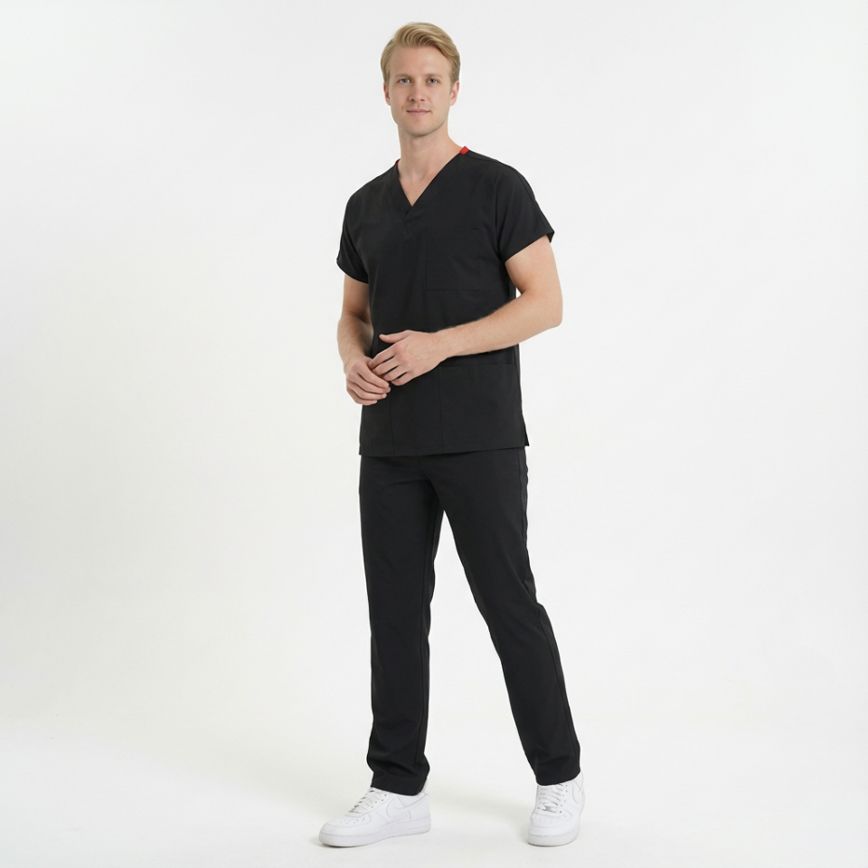 Likralı Klasik Seri Erkek Siyah Scrubs