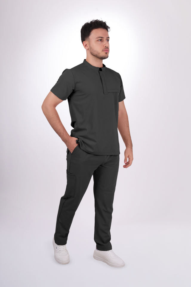 Premium Likralı Tek Cepli Çıtçıt Erkek Antrasit Gri Scrubs