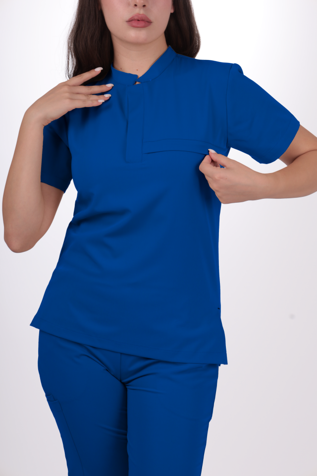 Premium Likralı Lotus Seri Kadın Saks Mavisi Scrubs