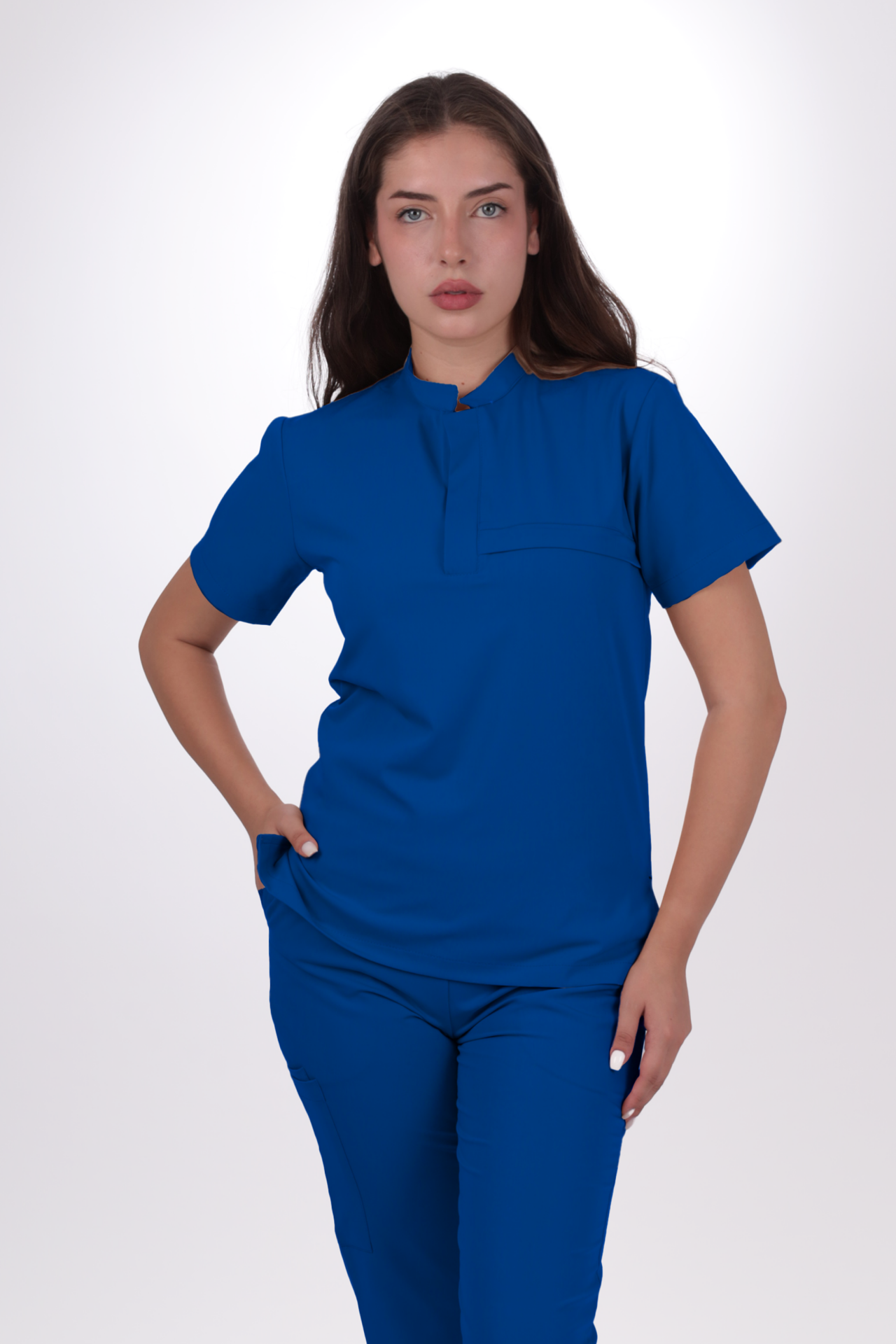 Premium Likralı Lotus Seri Kadın Saks Mavisi Scrubs