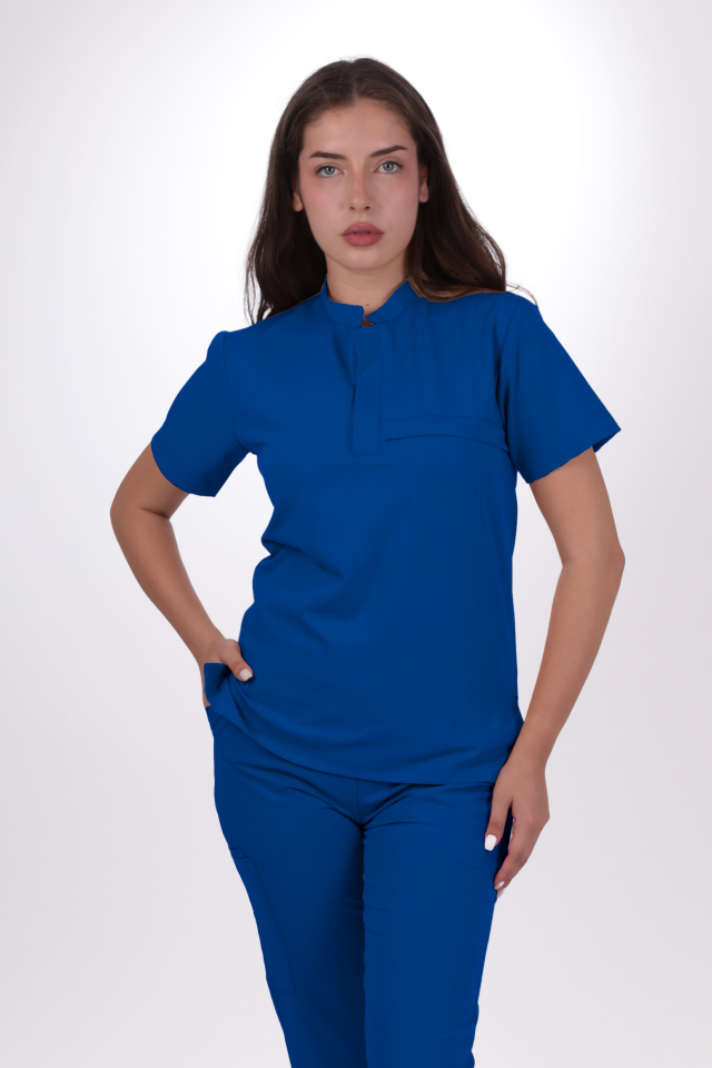 Premium Likralı Lotus Seri Kadın Saks Mavisi Scrubs