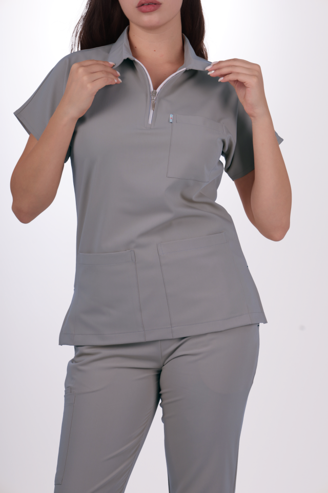 Premium Likralı Zipper Seri Kadın Duman Gri Scrubs