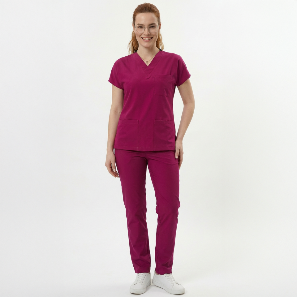 Likralı Klasik Seri Kadın Fuşya Scrubs