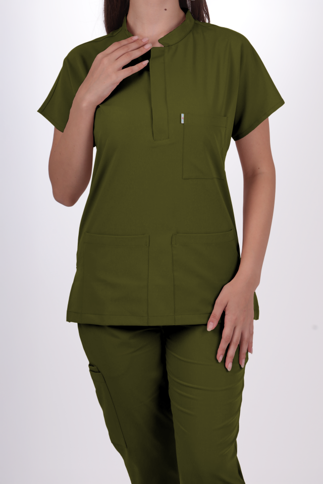Premium Likralı Snap Seri Kadın Yağ Yeşili Scrubs